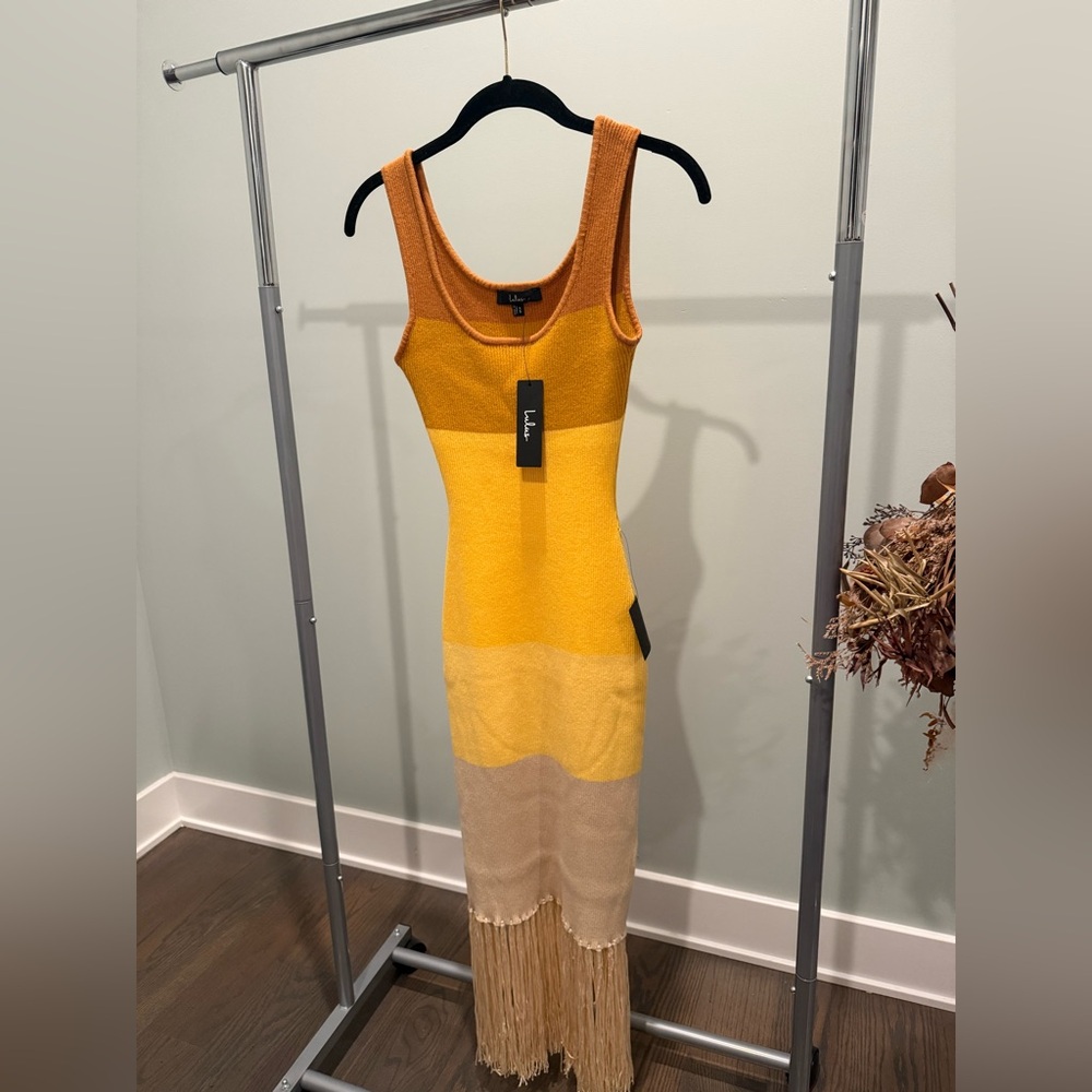 Lulus Delfi Yellow Color Block Fringe Sweater Midi Dress - Size XS NWT - Picture 5 of 8